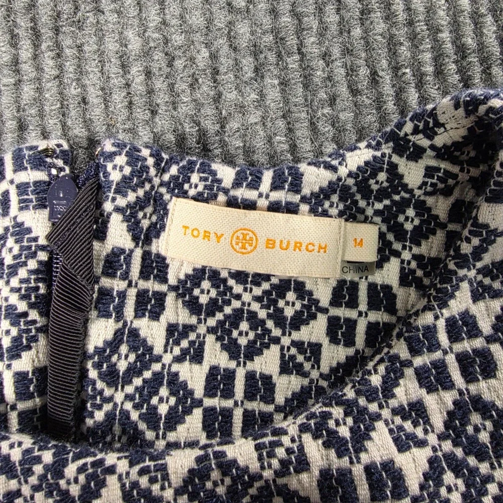 Tory Burch Navy Cream Geometric Jacquard Sleeveless A-Line Dress Size 14